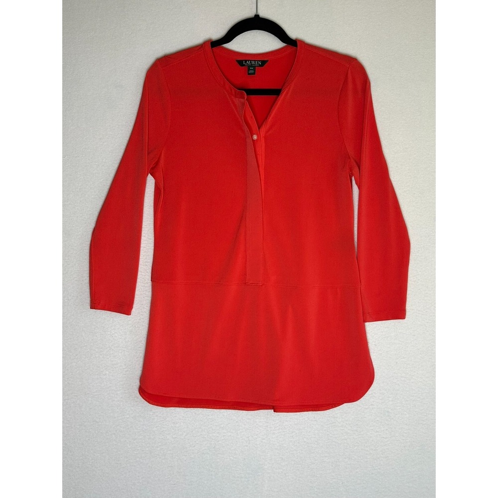 Lauren Ralph Lauren Red Long Sleeve Blouse Womens Petite Medium PM Split Neck